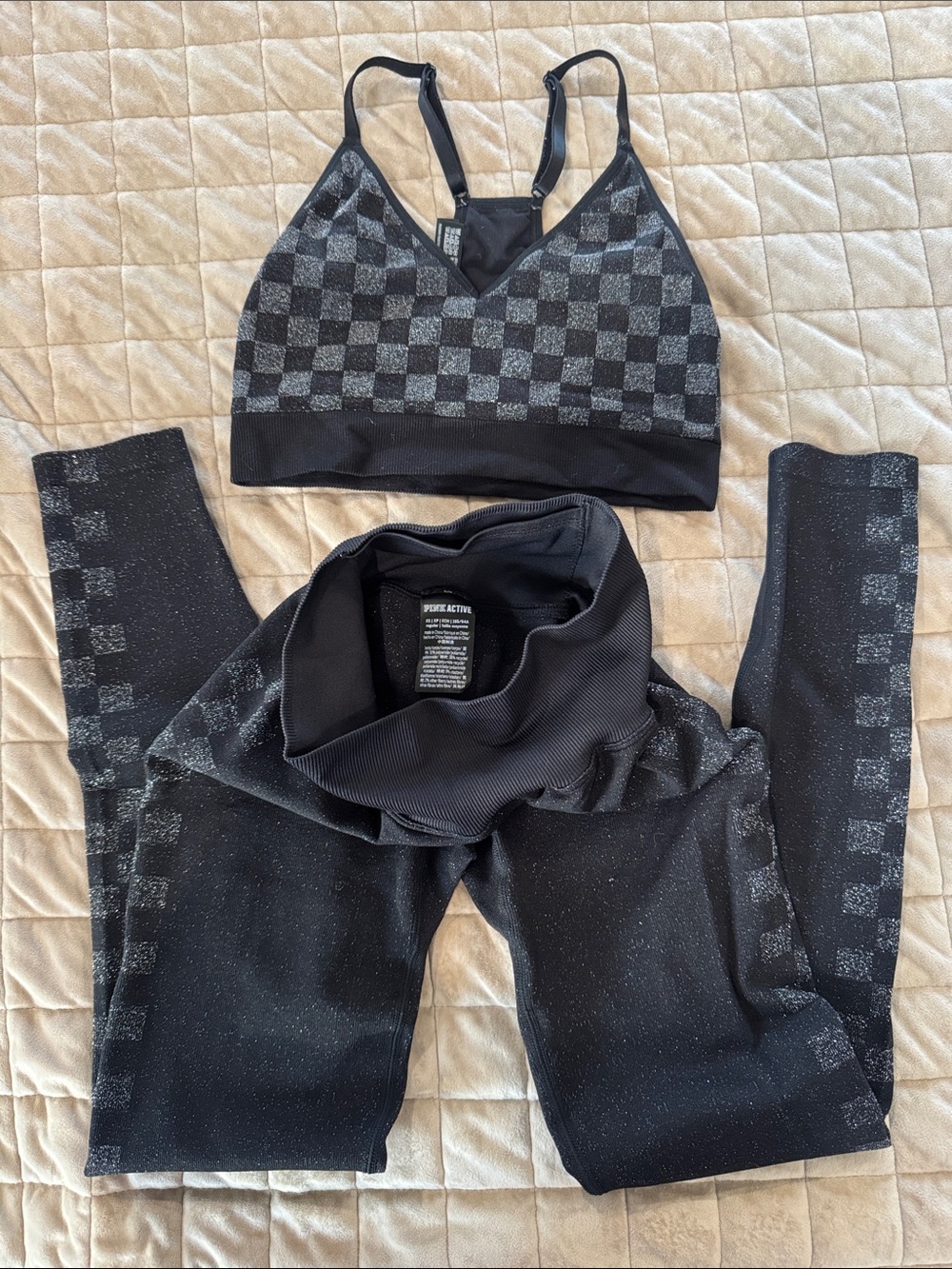 pink Active Black & Silver Checkered Sports Bra and Leggings Set